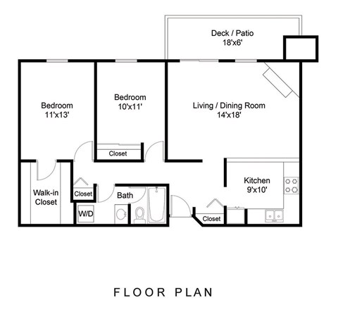 Floor plan for 2 beds, 1 bath, 1058 sqft
